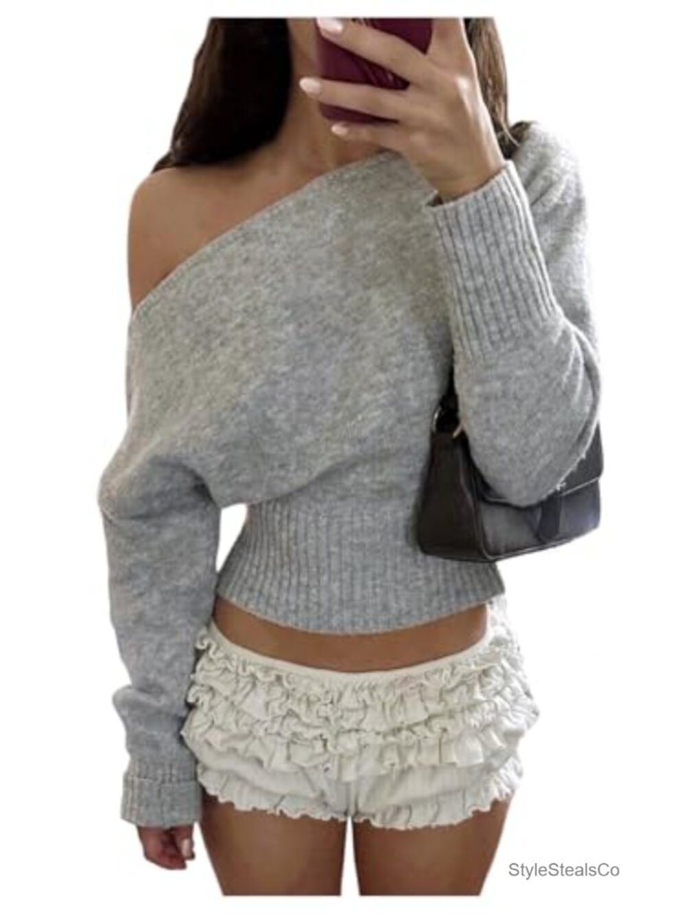 Off Shoulder Cropped Sweater Long Sleeve Ribbed Knit Asymmetrical Pullover
